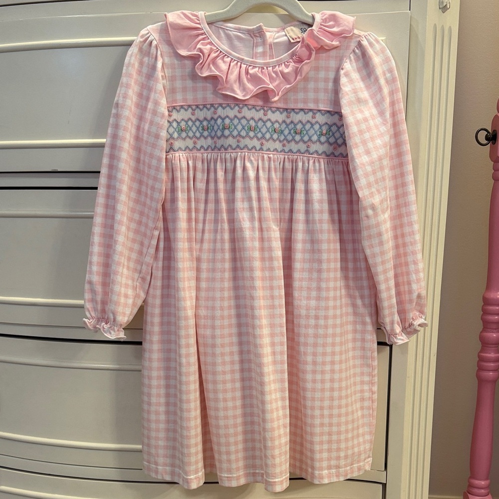 Smockingbird 5 Pink Gingham and Smocked Long Sleeve Dress